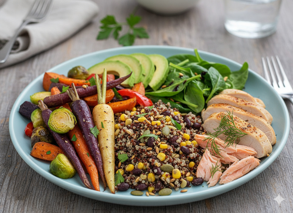 Kuva esittelee monipuolisesti koottua ateriaa kasviksista, proteiinista ja täysjyvästä.